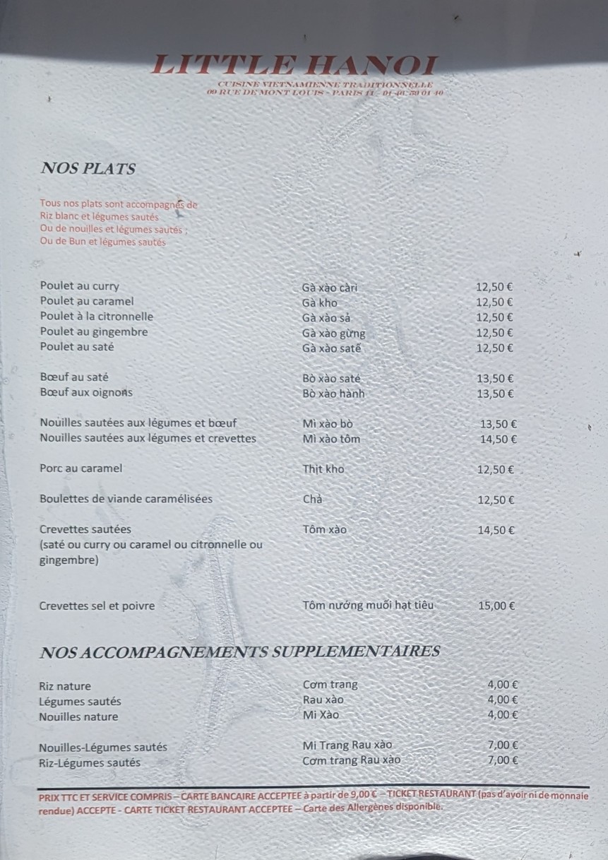Paris-Hanoi menu 2