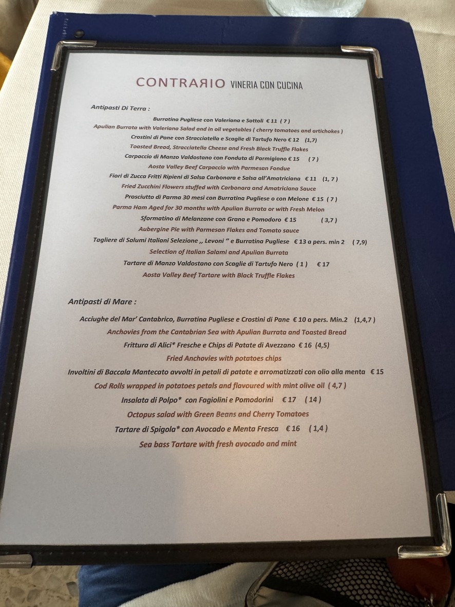 Contrario. Vineria con Cucina. menu 1