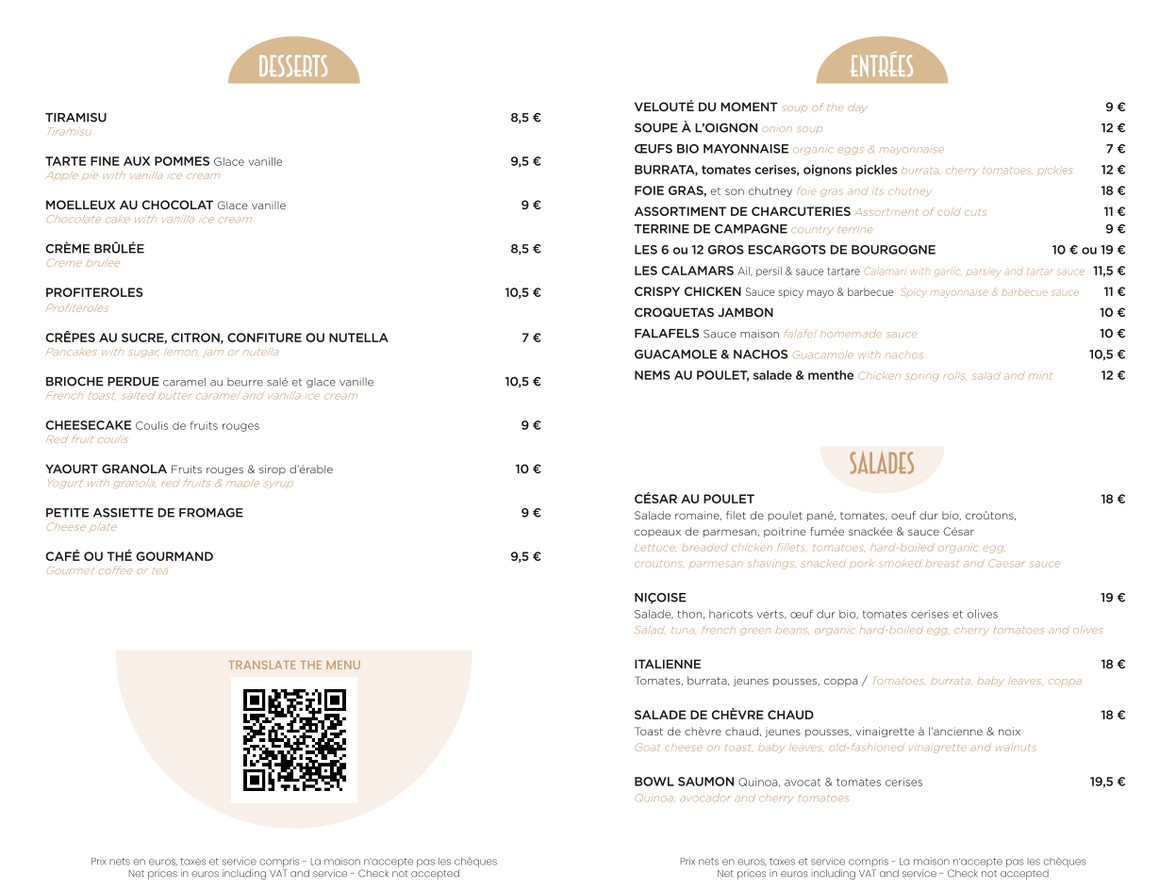 Brasserie À la place Saint Georges - Paris 09 menu 1