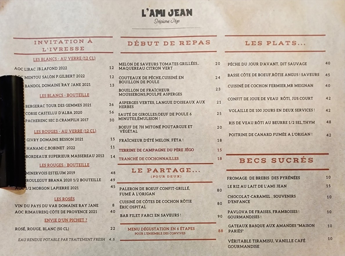 L’Ami Jean menu 1