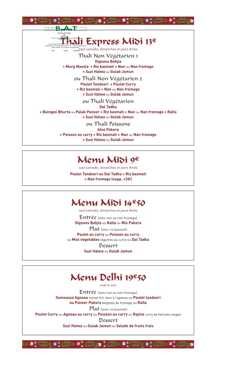 Palais de Vandan menu 1