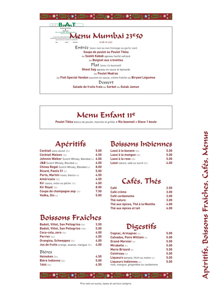 Palais de Vandan menu 2