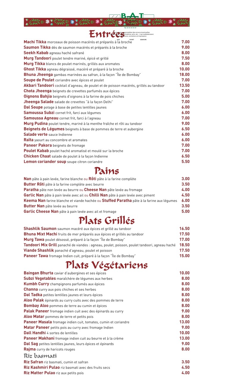 Palais de Vandan menu 3