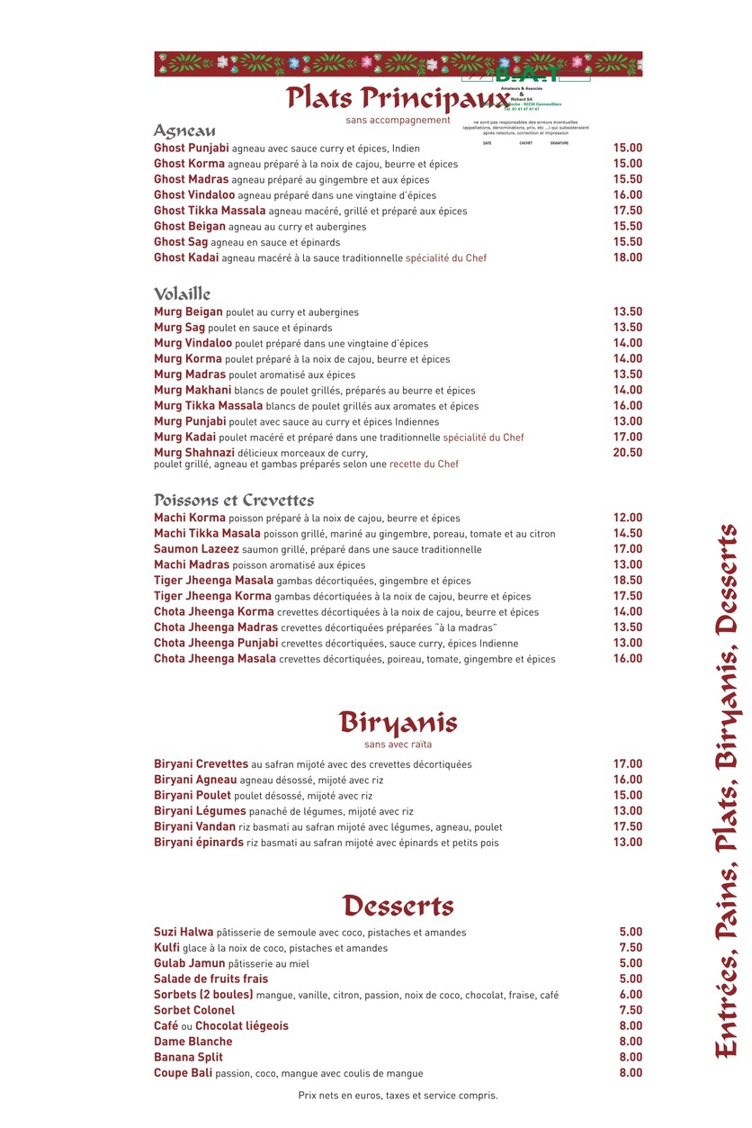 Palais de Vandan menu 4