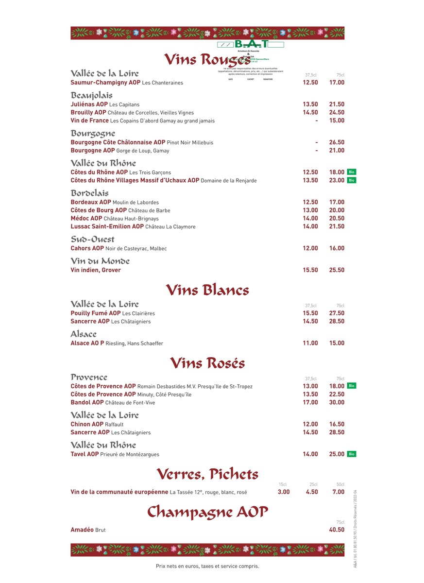 Palais de Vandan menu 5