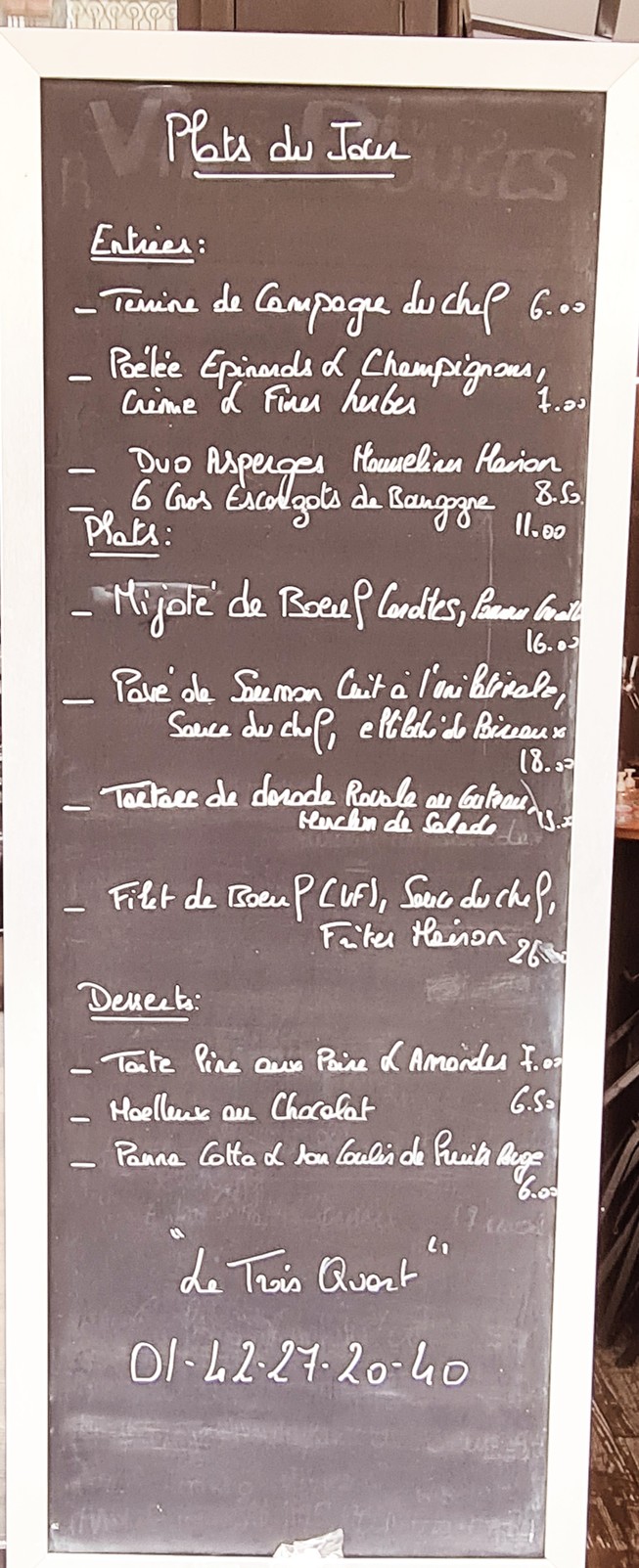 Restaurant "Le Trois Quart", Bistrot paris 17éme, menu 2