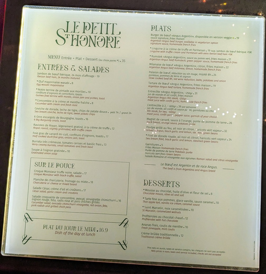 Le Petit Saint-Honoré menu 1