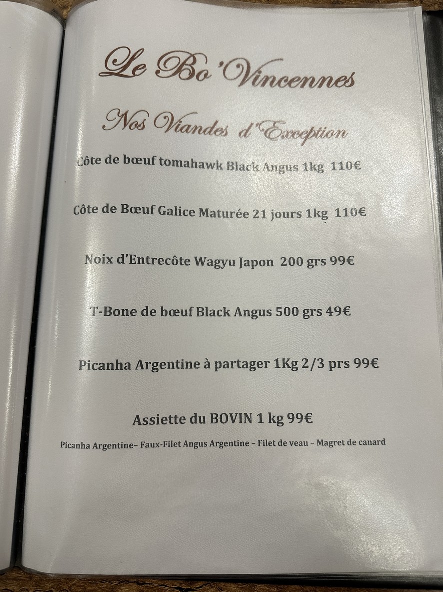 Le BoVincennes - Steakhouse restaurant Vincennes menu 2