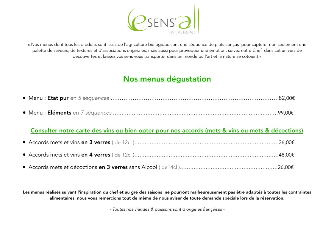 Restaurant Esens'ALL Paris 17 menu 1