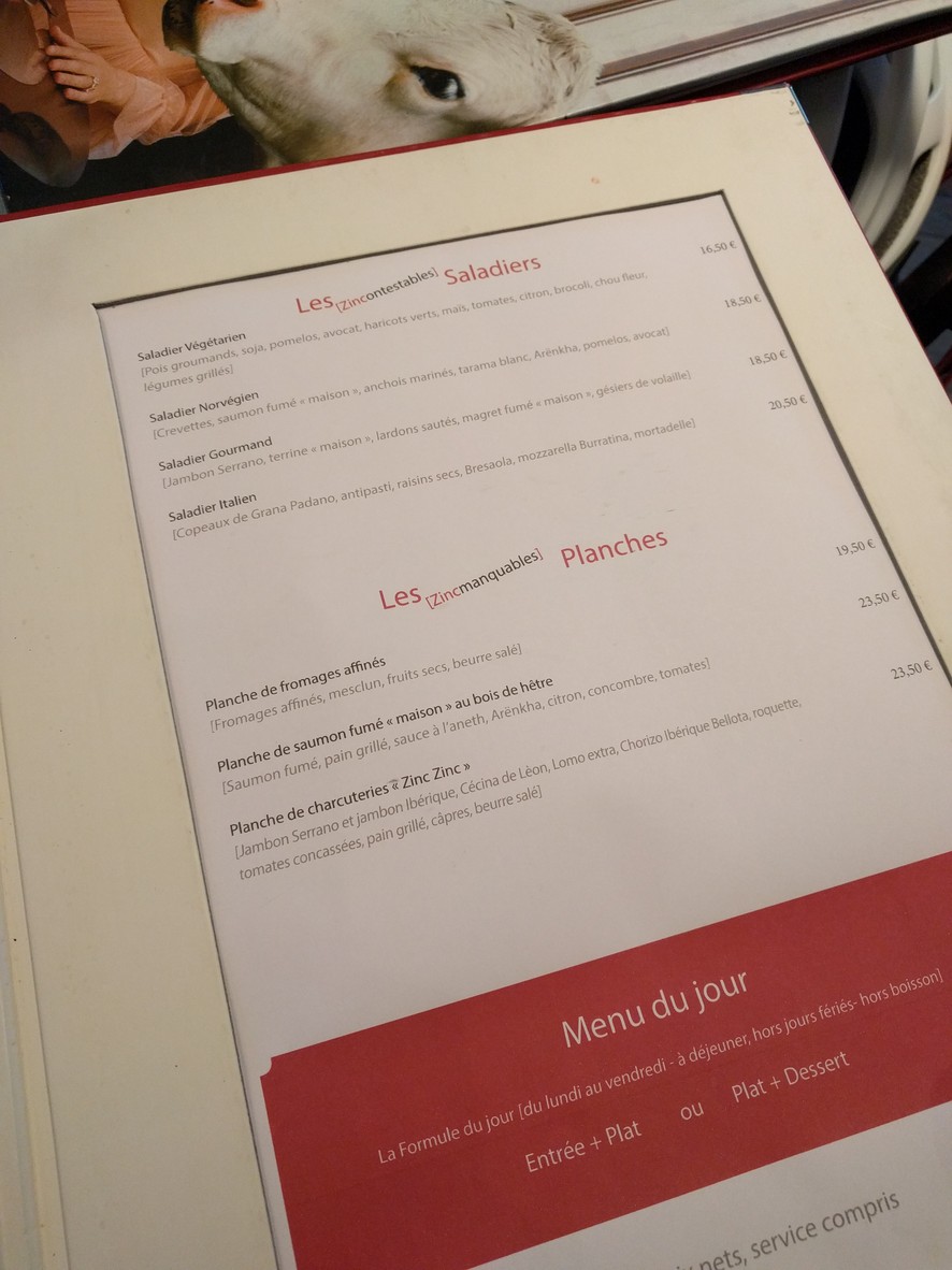 Le Zinc Zinc menu 1