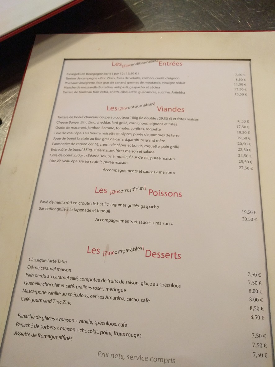Le Zinc Zinc menu 2