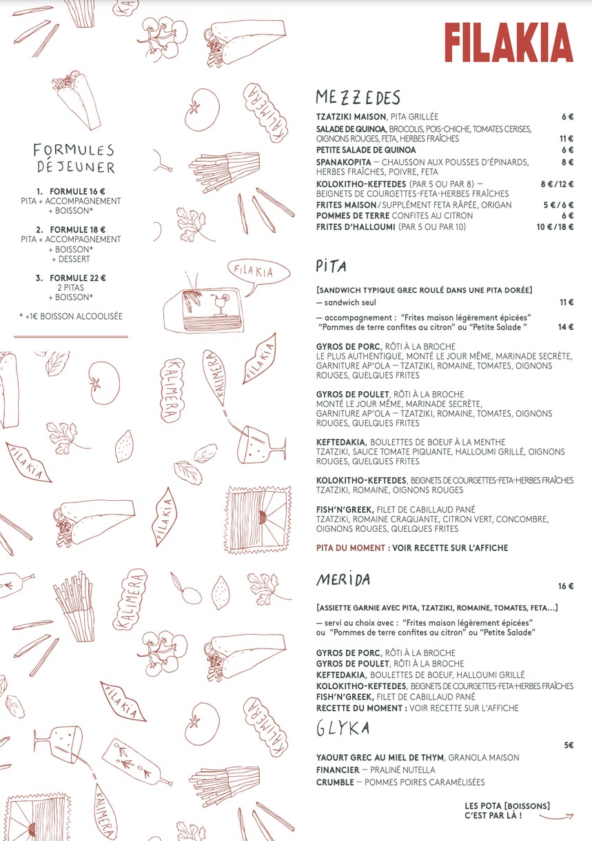 Filakia, Petit Café d'Athènes menu 1