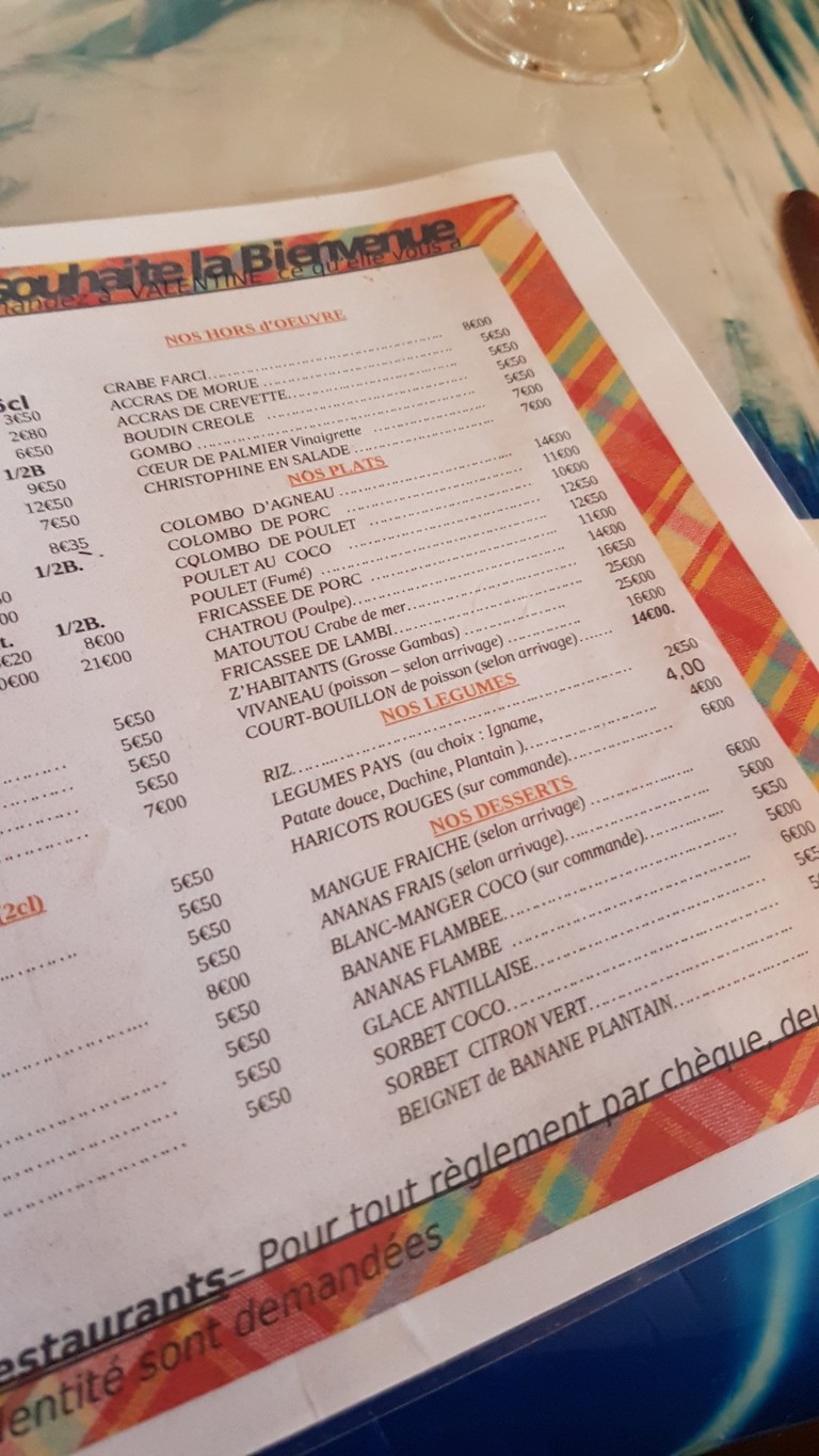 Perle des Antilles menu 1