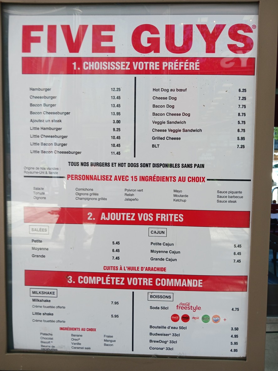 Five Guys Burgers and Fries Champs-Élysées menu 1