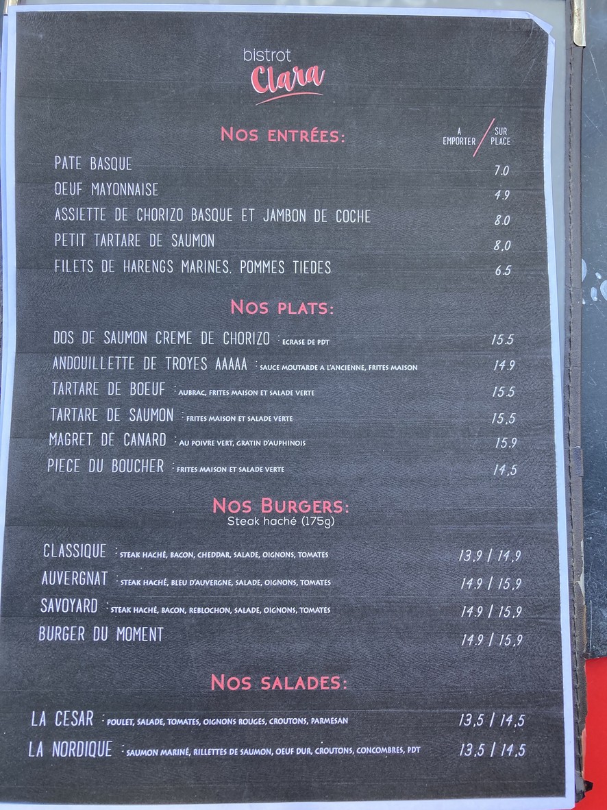 Bistrot Clara (Balard) menu 1