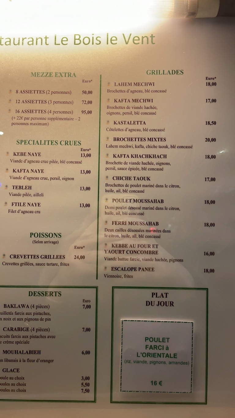 Restaurant libanais Le Bois le Vent menu 1