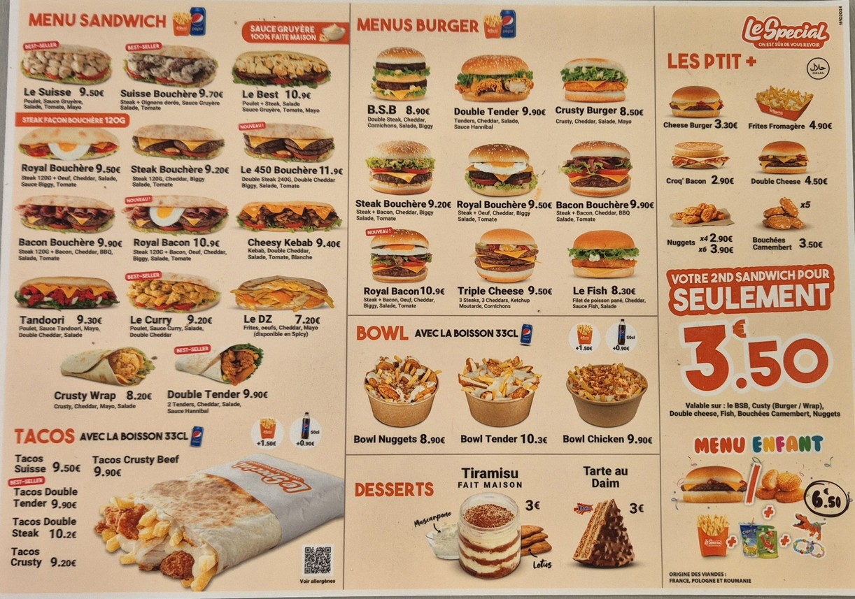 LE SPECIAL restaurant menu 1