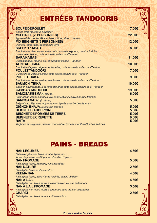 Délice de l'Inde menu 1