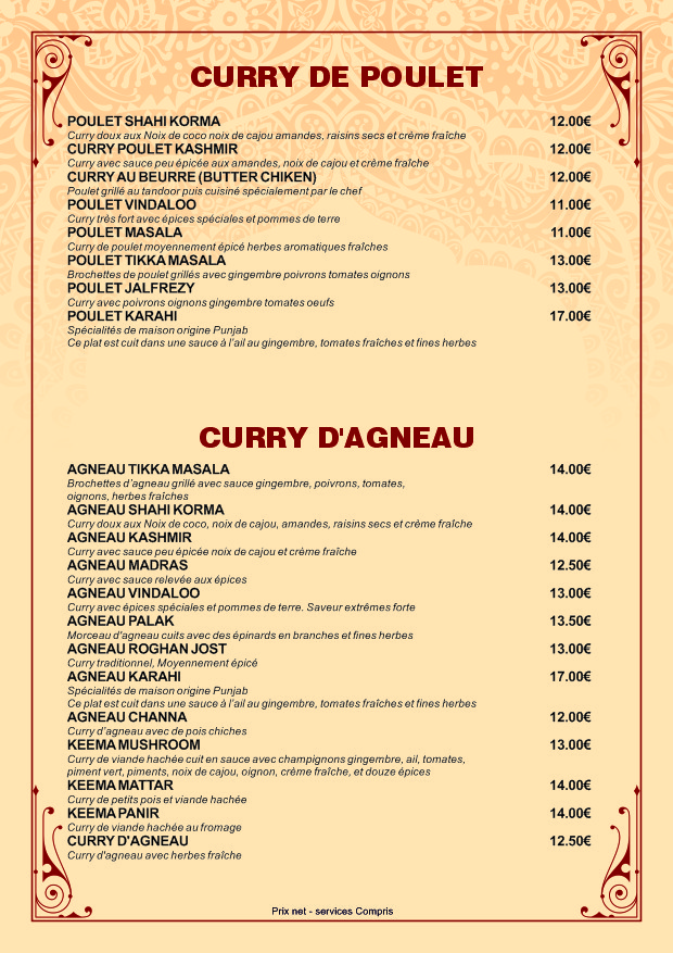 Délice de l'Inde menu 2