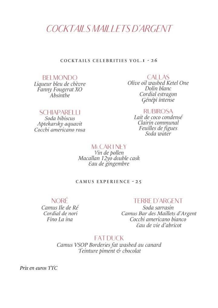 Le bar de la Tour d’Argent, bar des Maillets d’Argent menu 2