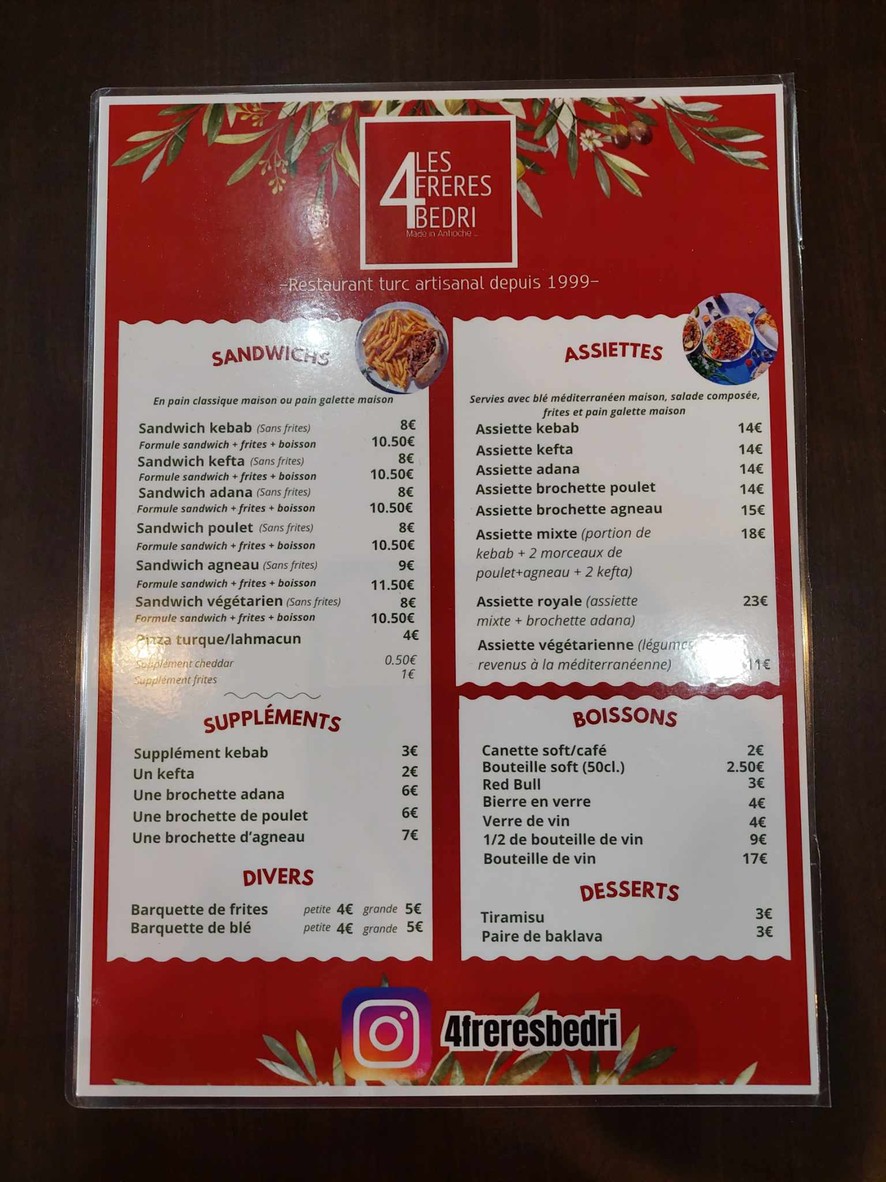 Les 4 Frères Bedri menu 1