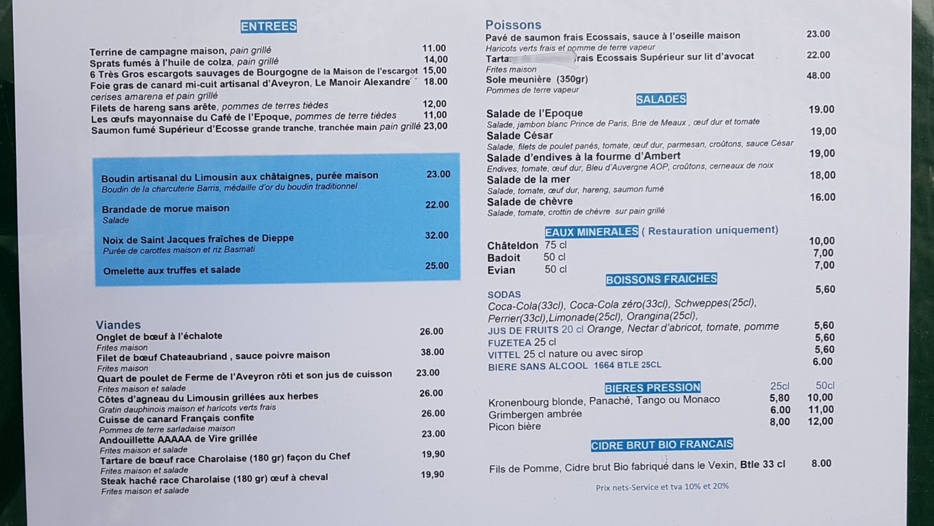 Le Café de l'Epoque menu 1