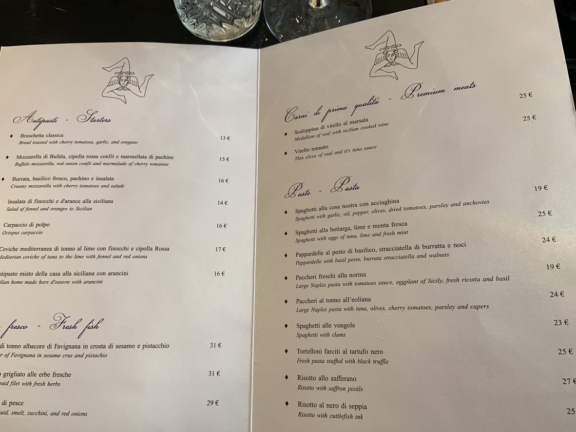 Au Club des Siciliens menu 1