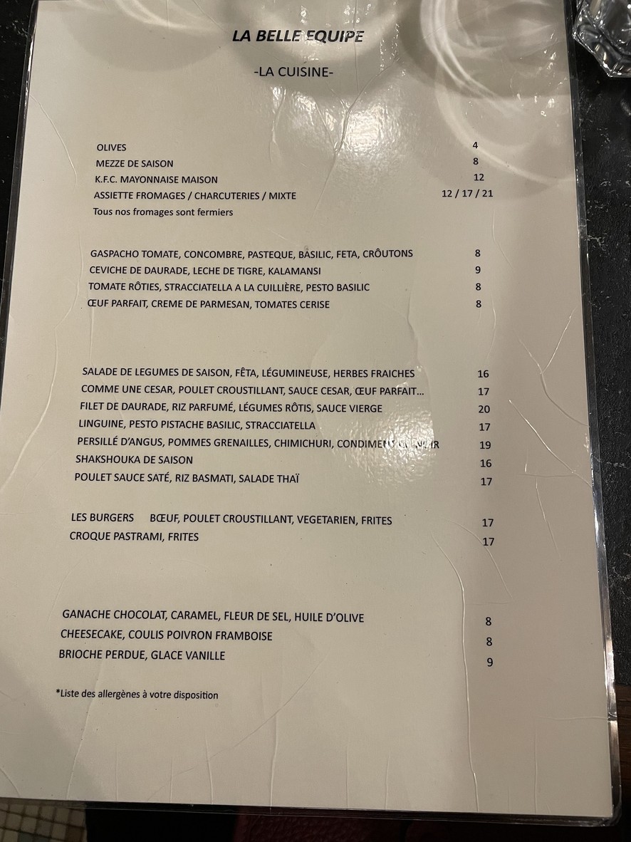 La Belle Équipe menu 1