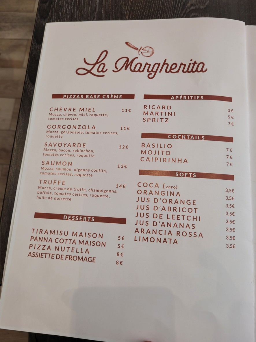 La Margherita Bagnolet menu 2