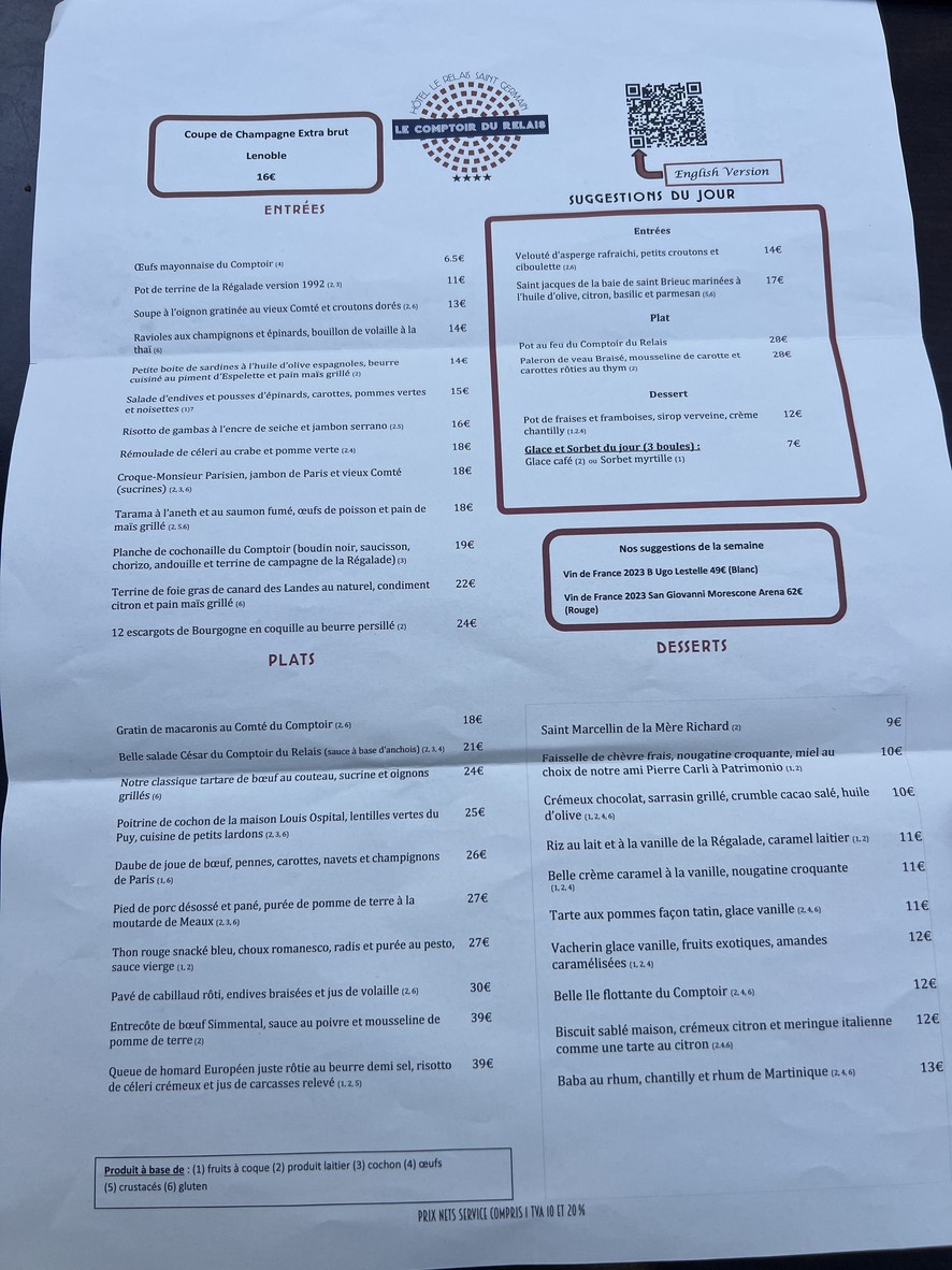 Le comptoir du Relais menu 1