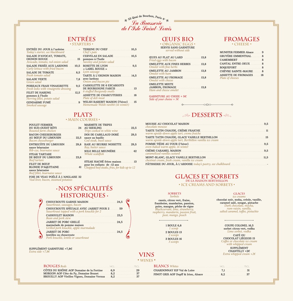 La Brasserie de l'Isle Saint-Louis menu 1