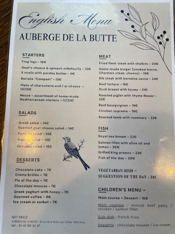Auberge de la Butte menu 1