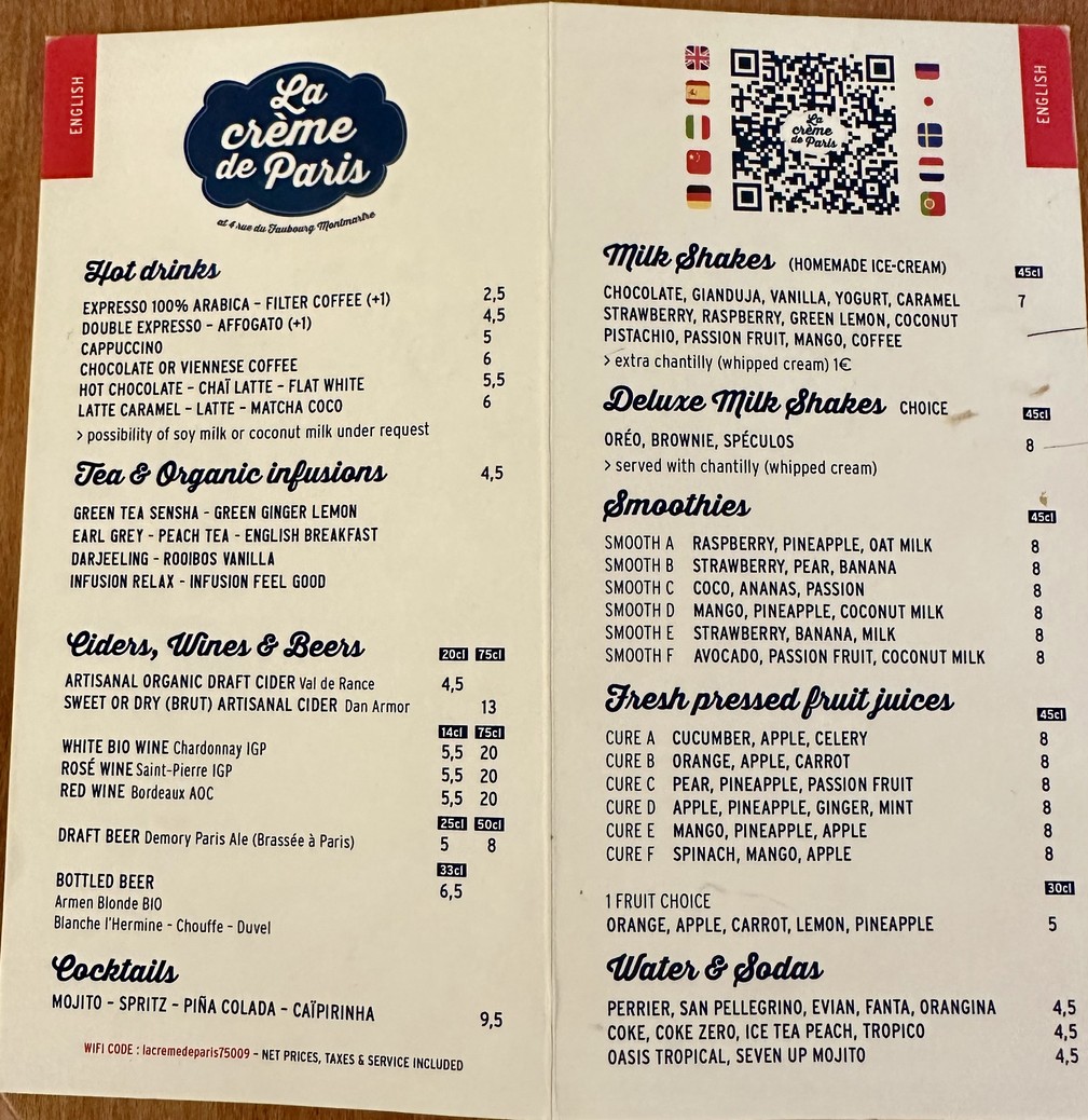 La Crème de Paris menu 1