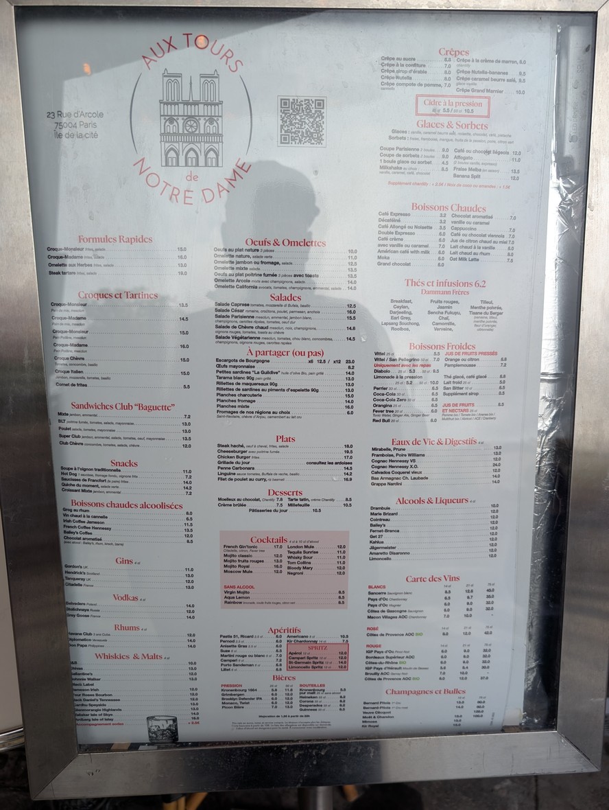 Aux Tours de Notre Dame menu 1
