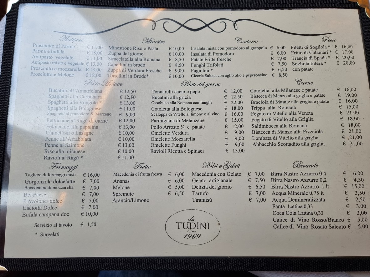 Da Tudini 1969 menu 1