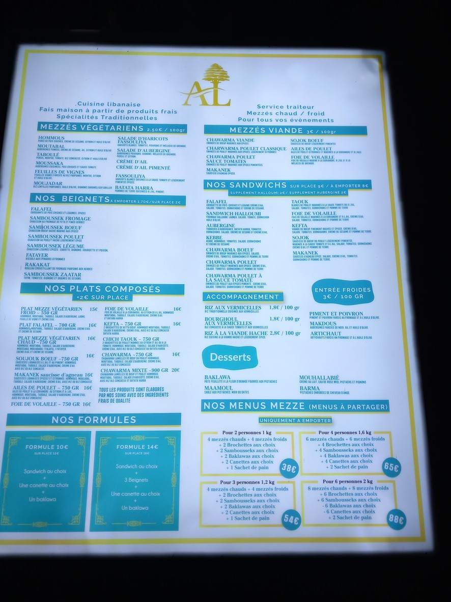 Au Libanais de Saint-Maurice. menu 1