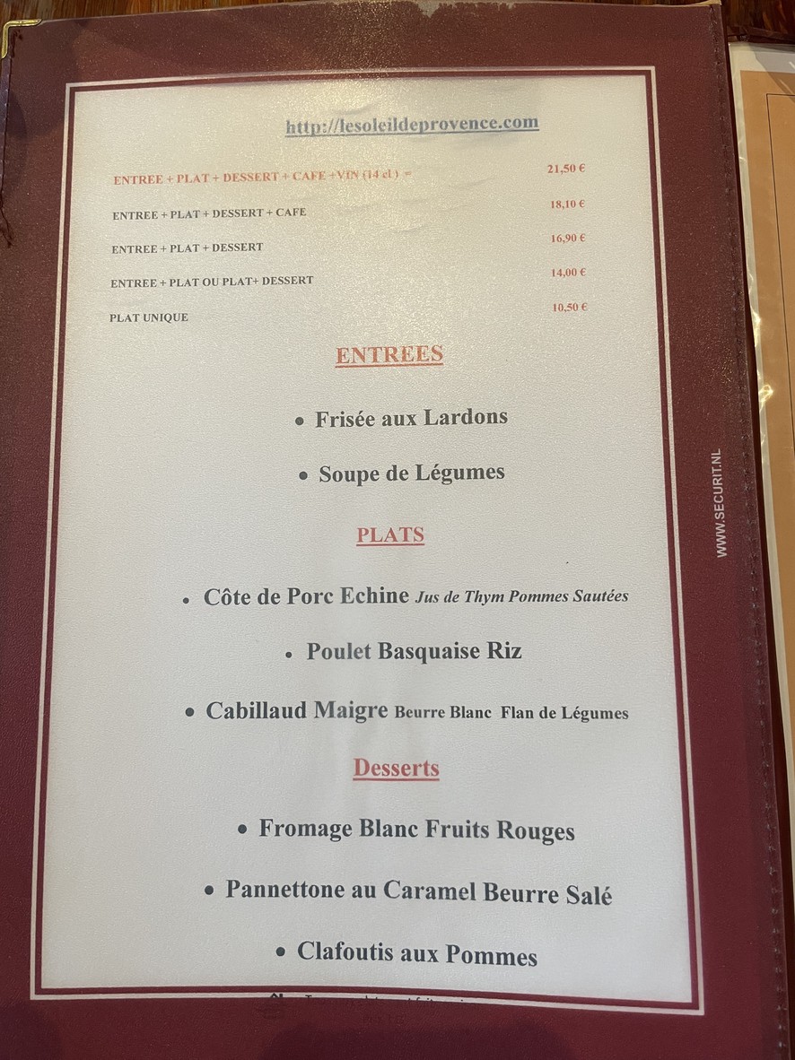 Le Soleil de Provence menu 1