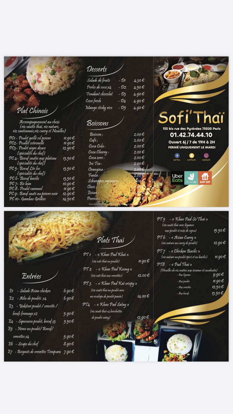 Sofi’Thaï menu 1
