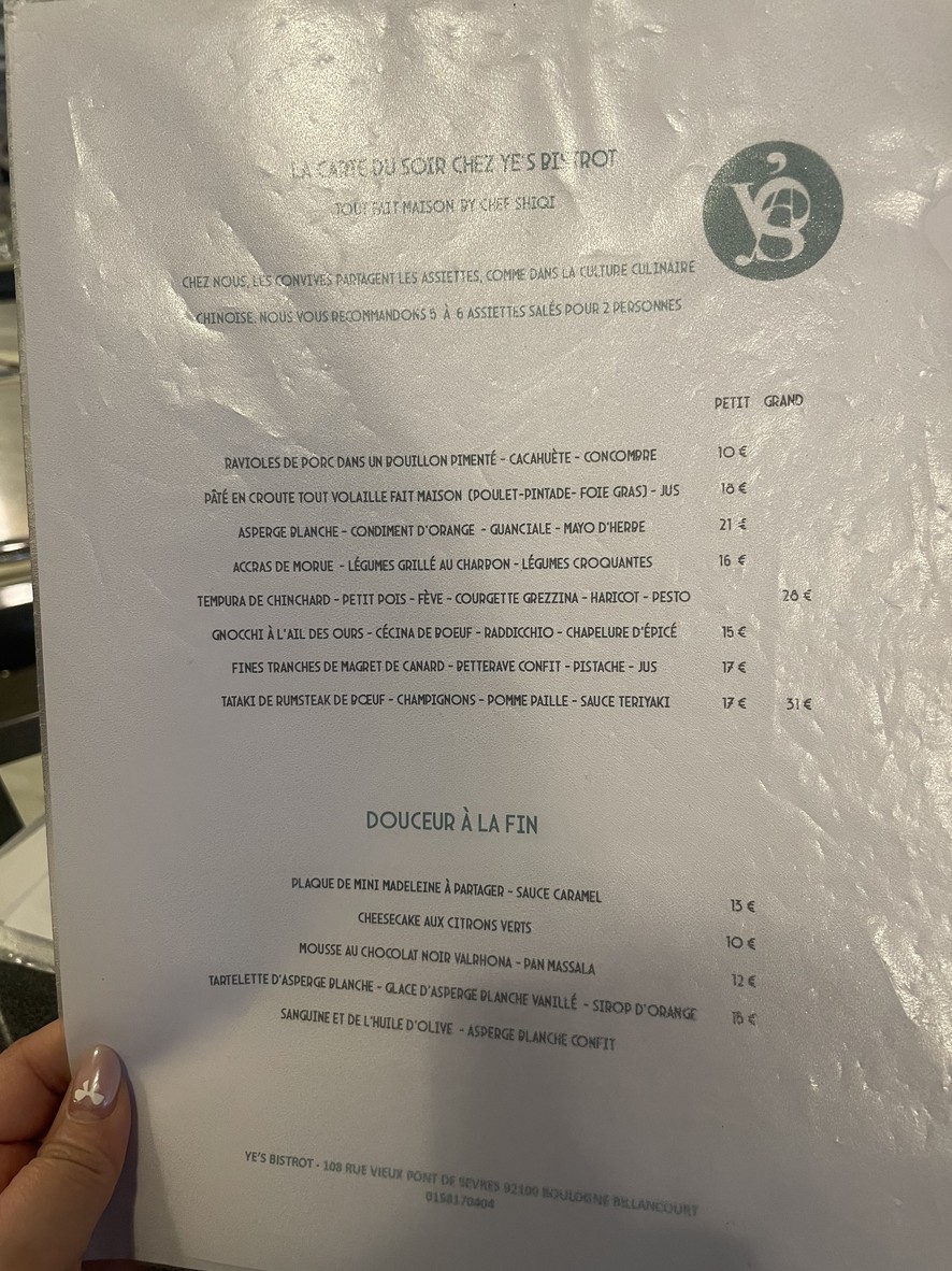 Ye's bistrot menu 1