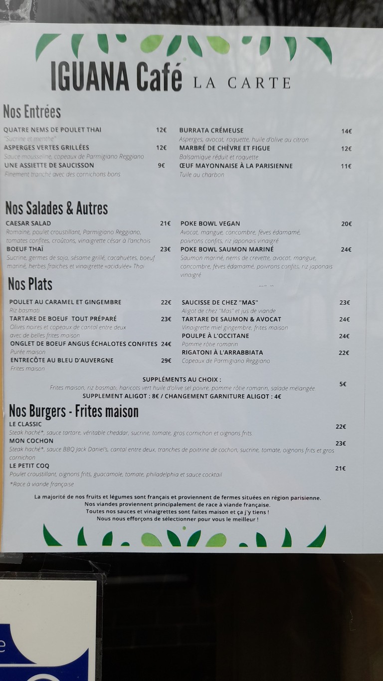 Iguana Batignolles menu 1