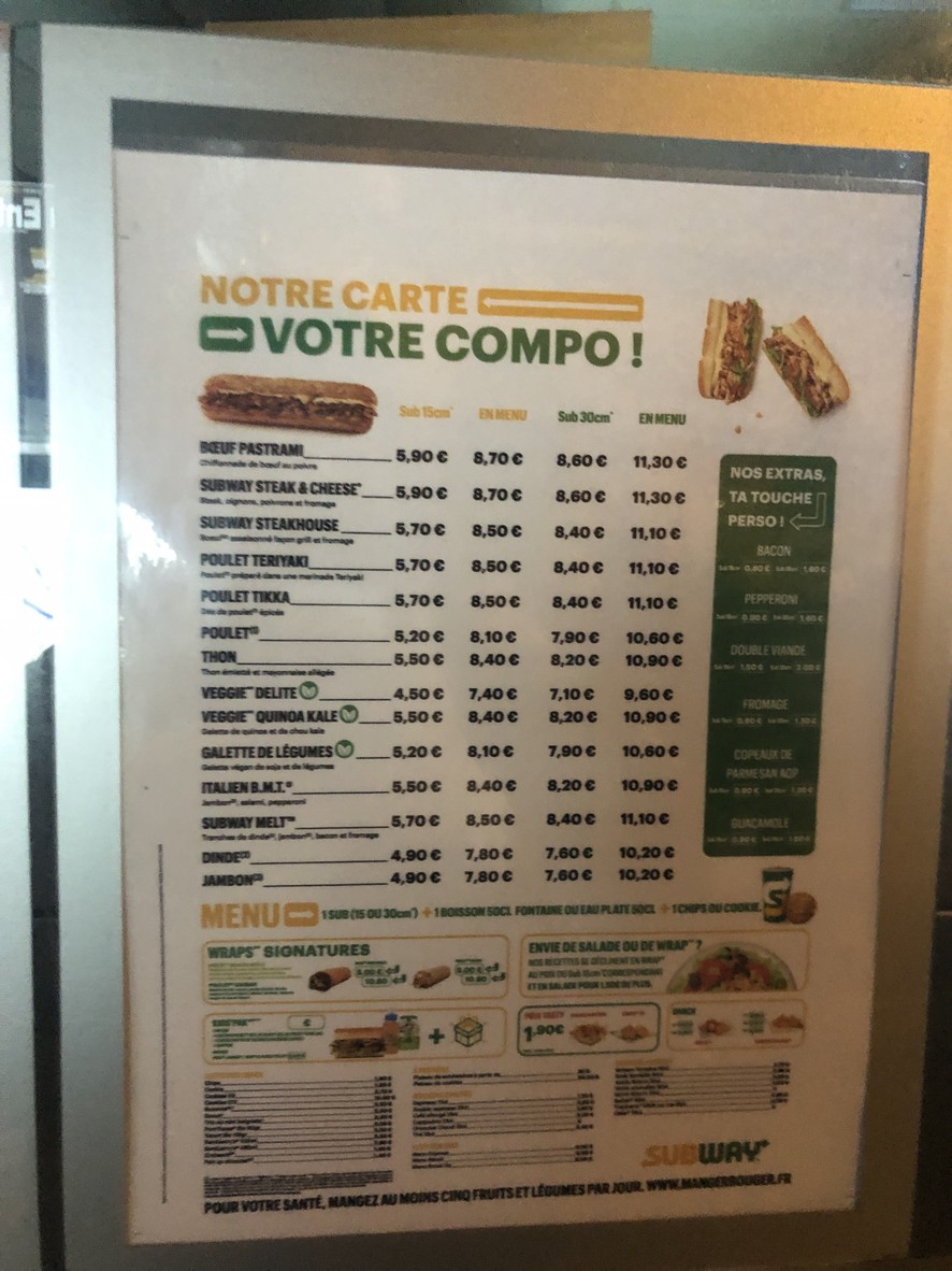 Subway menu 1