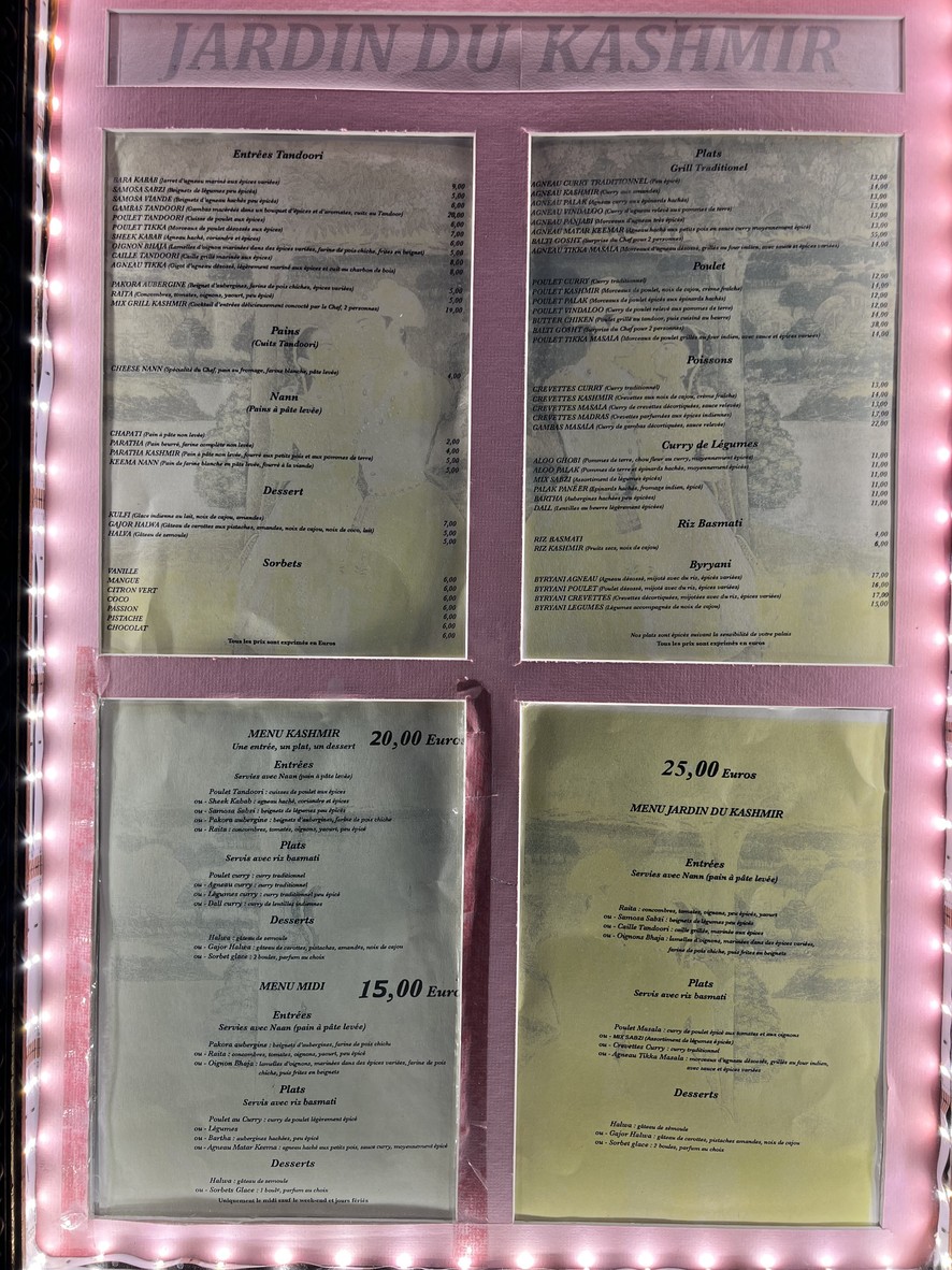 Jardin du Kashmir menu 1