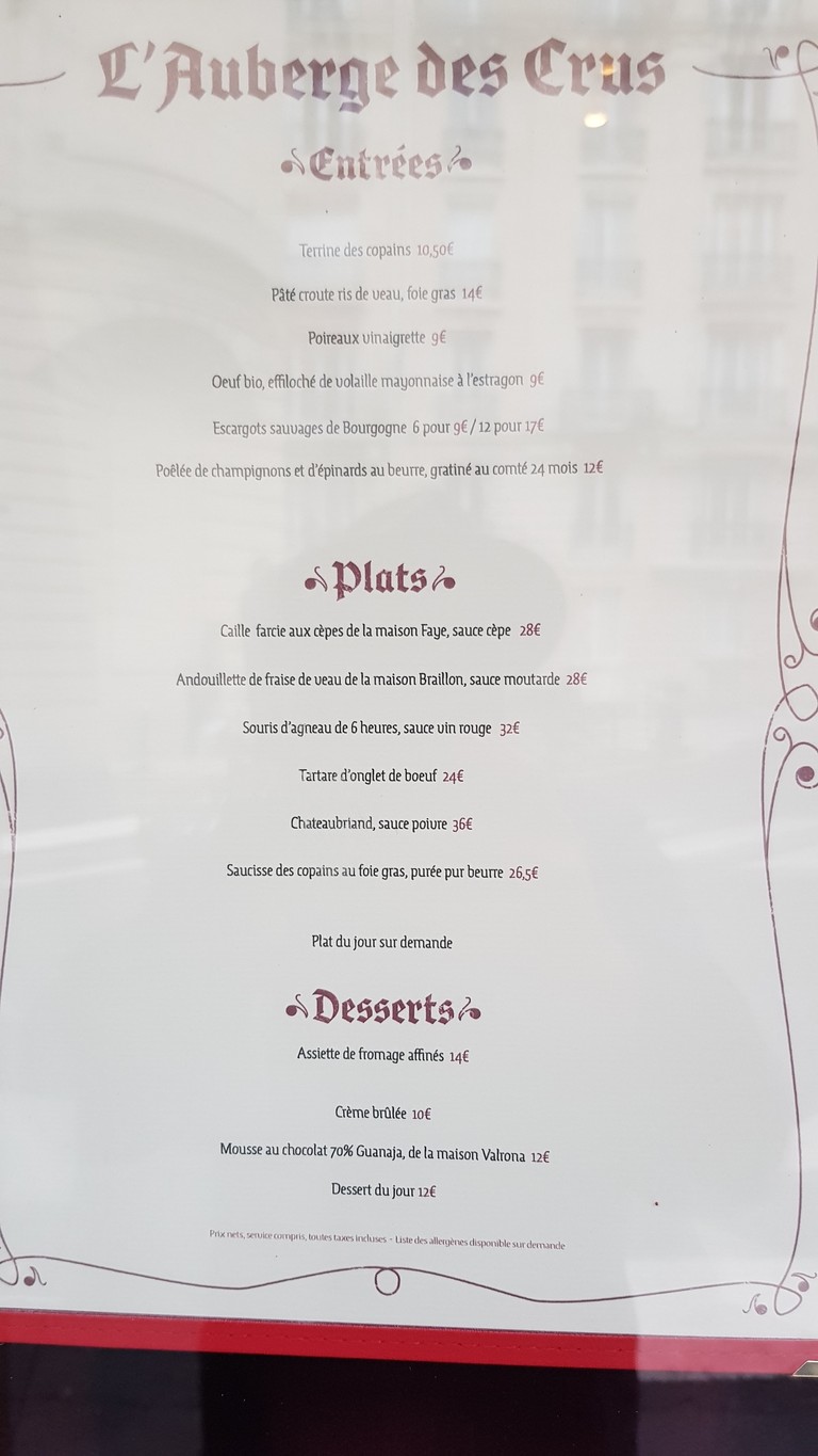 L'Auberge des Crus menu 1