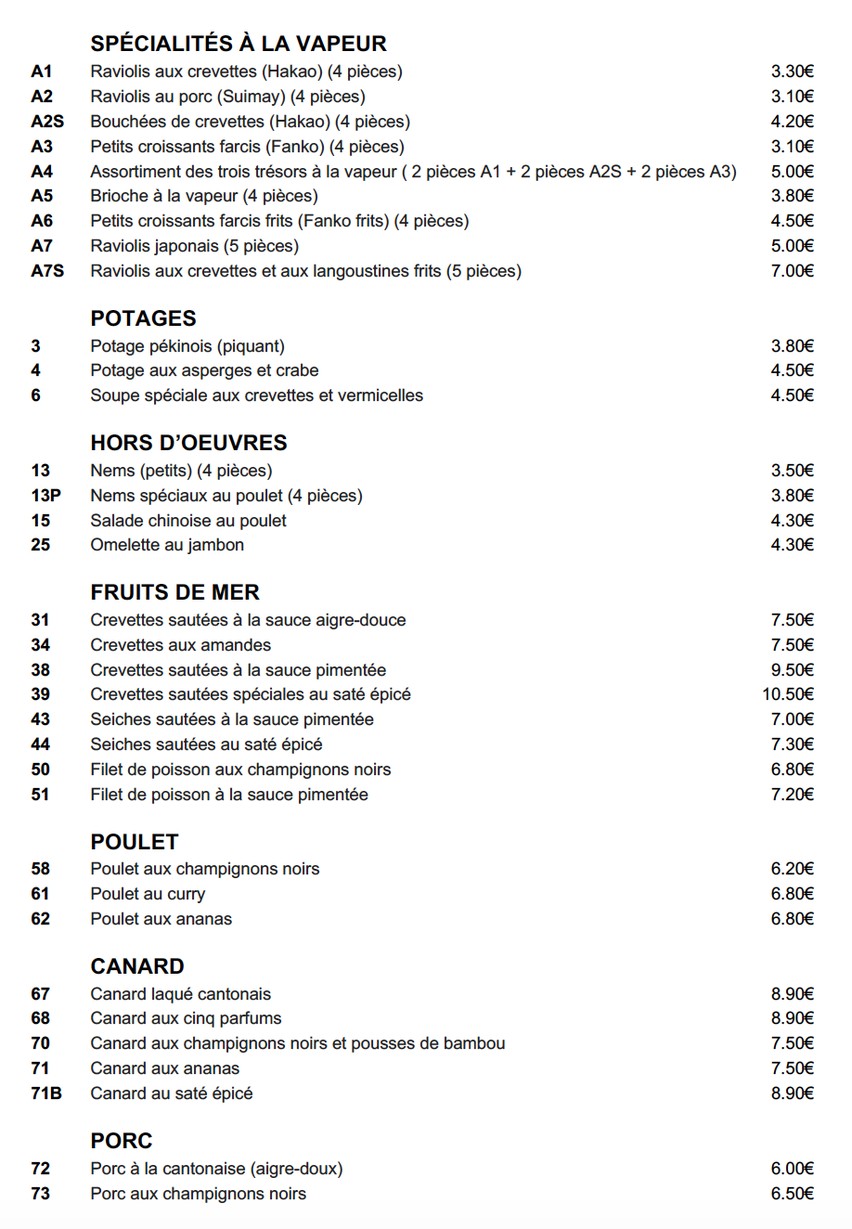 Chez Huang des Pyrénées menu 1
