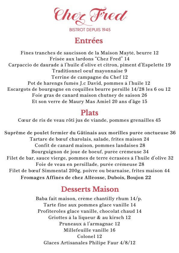 Chez Fred, depuis 1945 menu 1