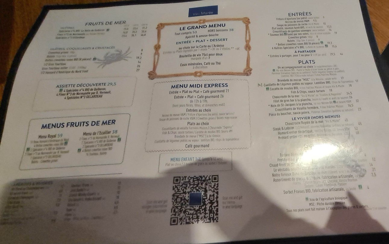 Vin & Marée Maine Montparnasse menu 1