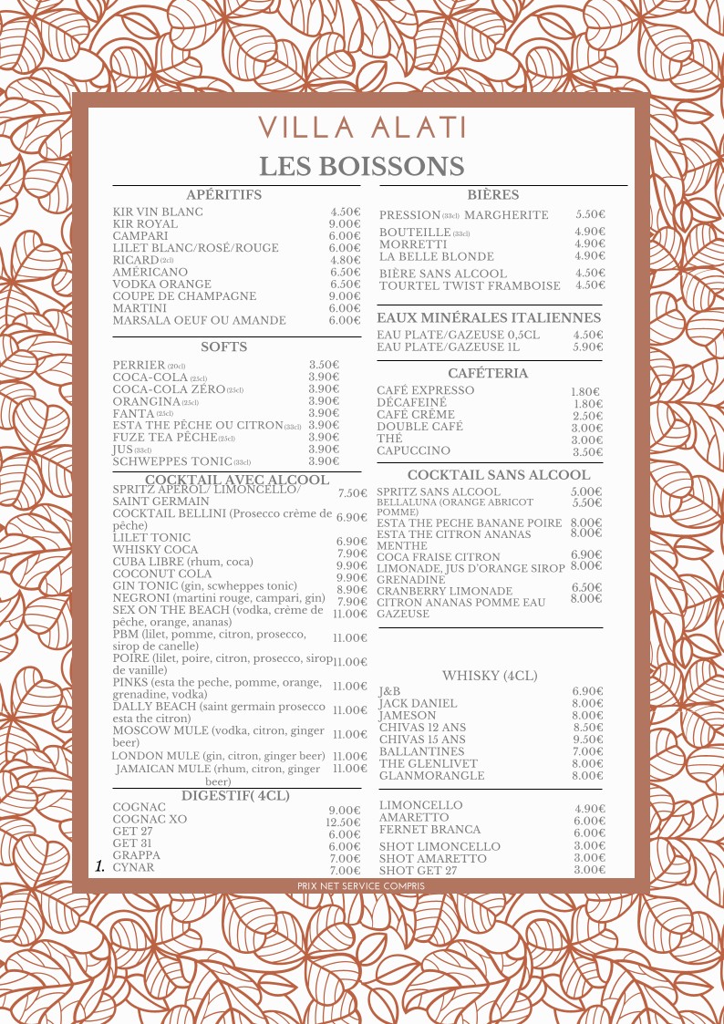 Villa Alati menu 1