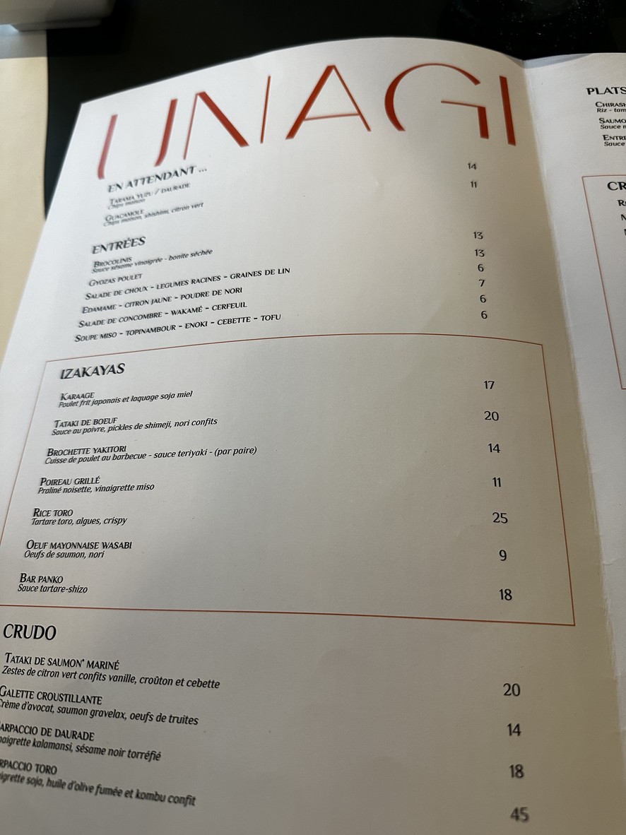 Unagi Paris menu 1