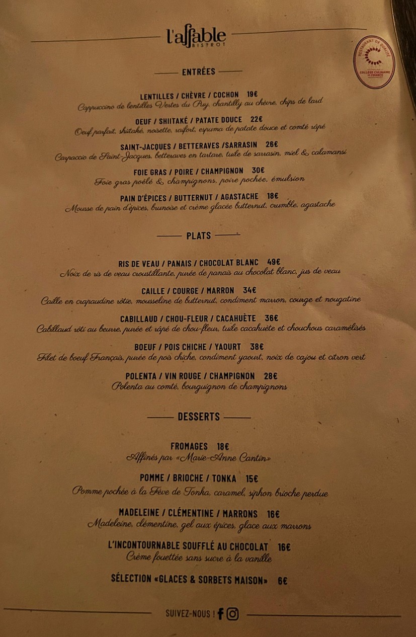 L'Affable menu 1