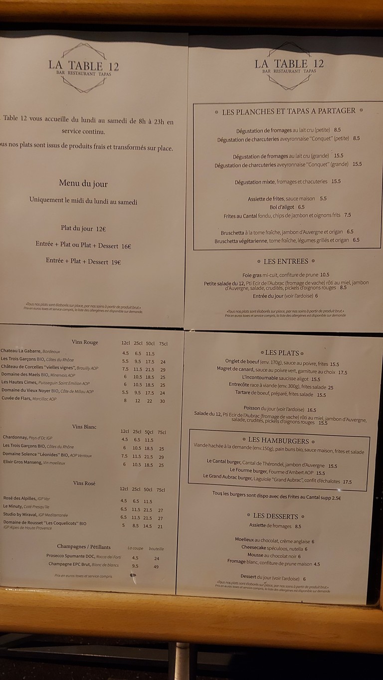 La Table 12 menu 1